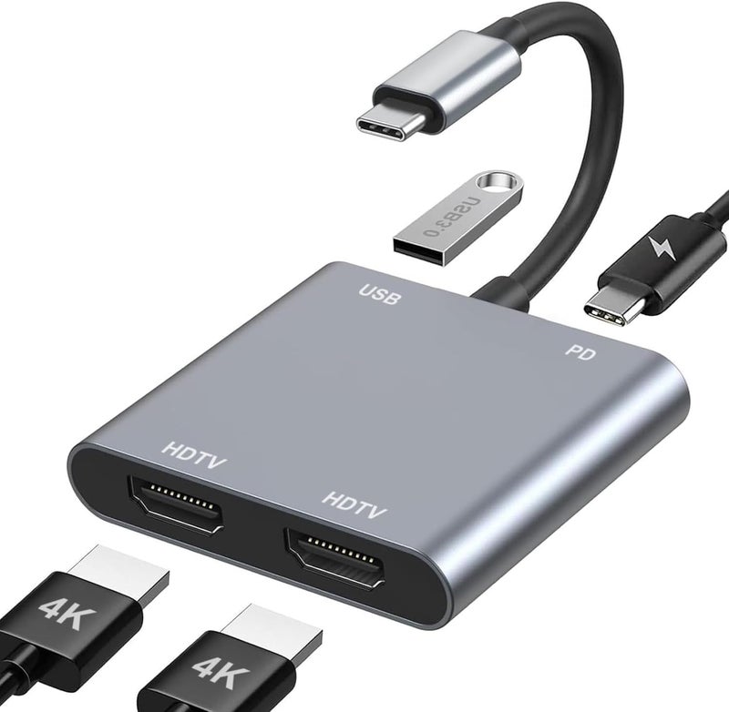 Luonanava محول USB C إلى HDMI مزدوج، موزع HDMI من نوع C لشاشتين مع USB 3.0، شحن PD بقوة 100 واط، موزع HDMI لعرض موسع لجهاز MacBook Air/Pro، Dell XPS، HP، Surface، Chromebook - Image 1